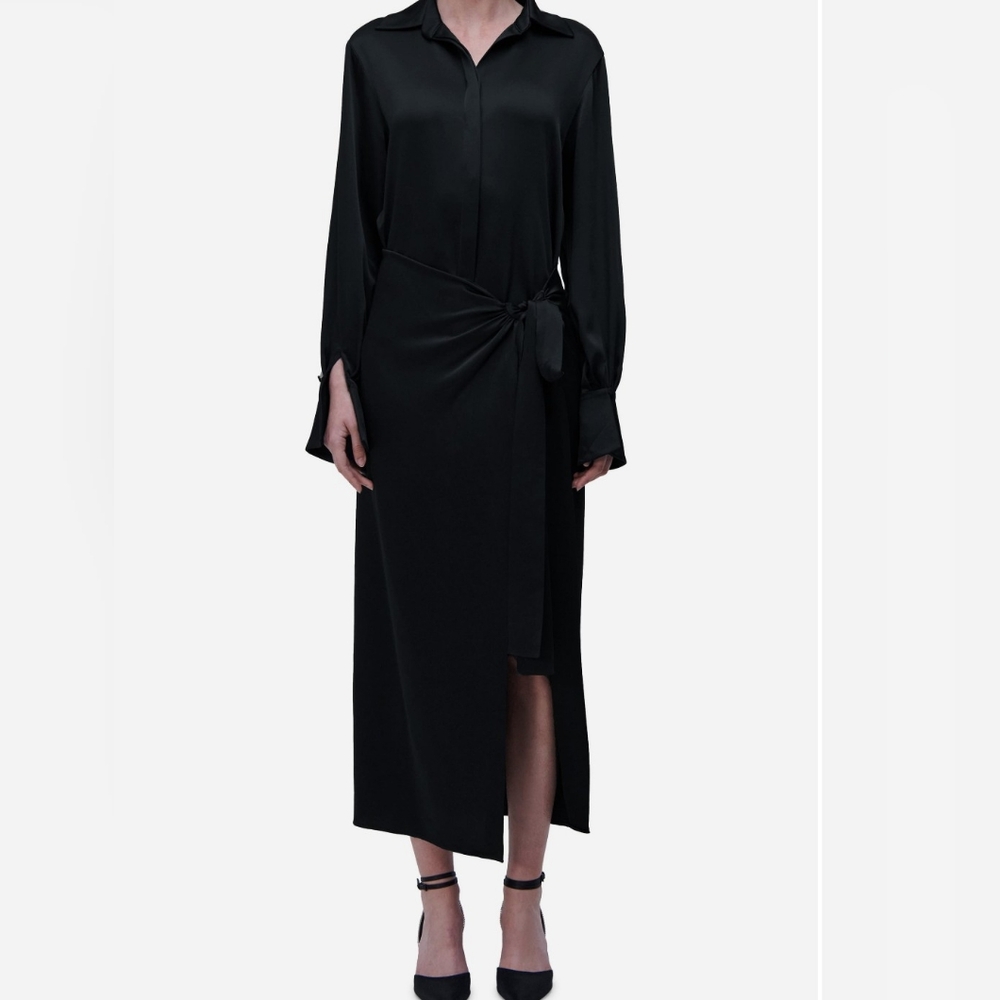 Simkhai Size 2 Black Samba Tie Waist LongSleeve Satin Maxi Dress MSRP $645